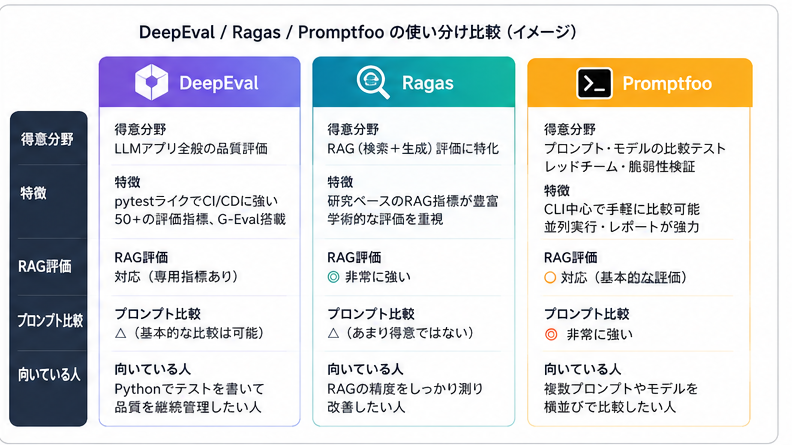 DeepEval・Ragas・Promptfooの得意分野・特徴・RAG評価・プロンプト比較・向いている人を比較したイメージ図