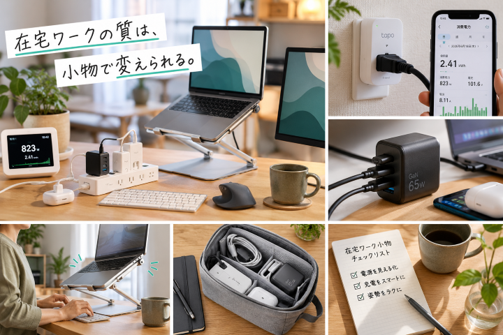 電力計測スマートプラグ、GaN充電器、薄型ノートPCスタンドを組み合わせた在宅ワークの机まわりイメージ