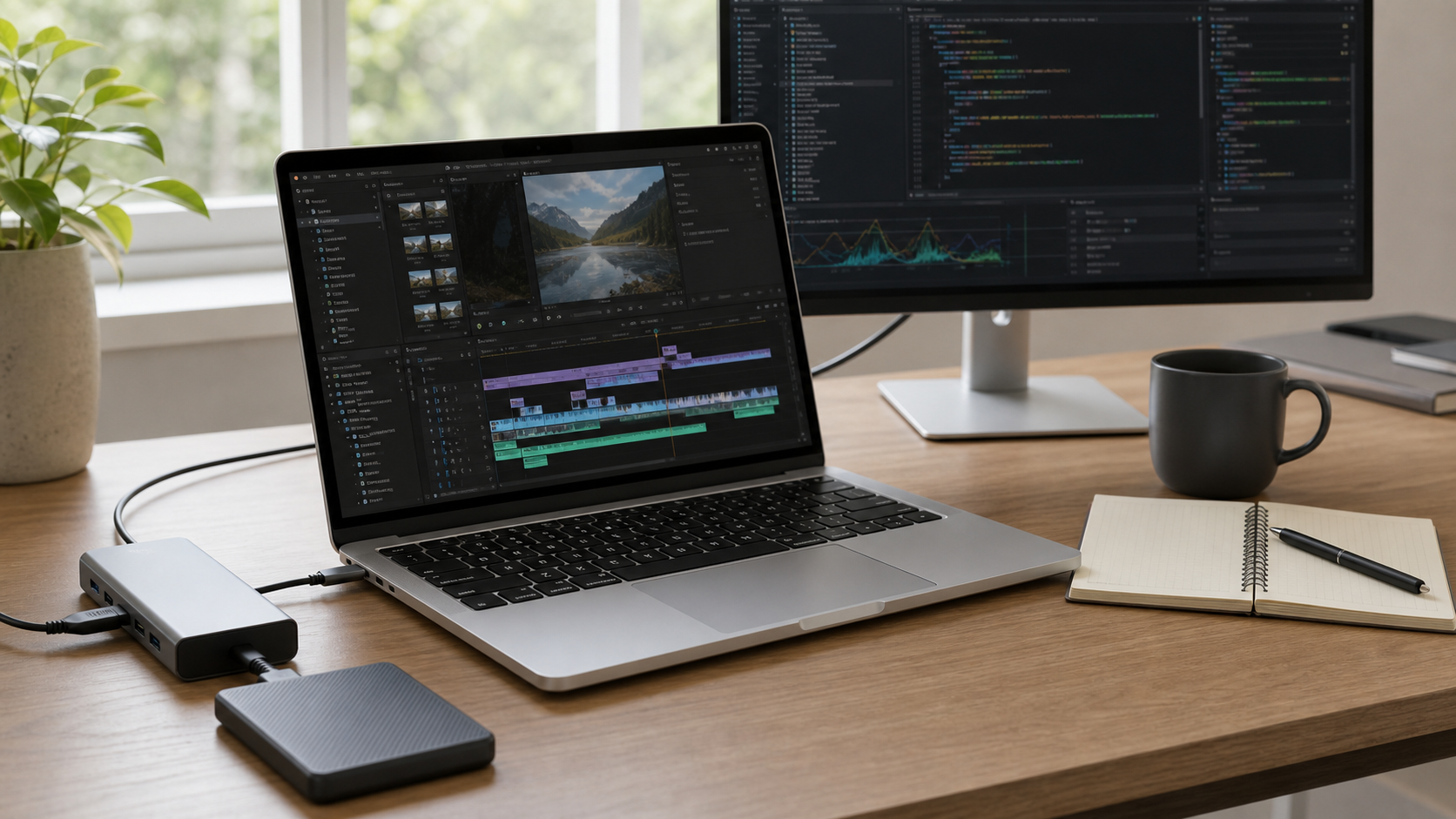 14インチクラスのプロ向けノートPCを外部モニターと外部SSDにつないだ作業環境イメージ