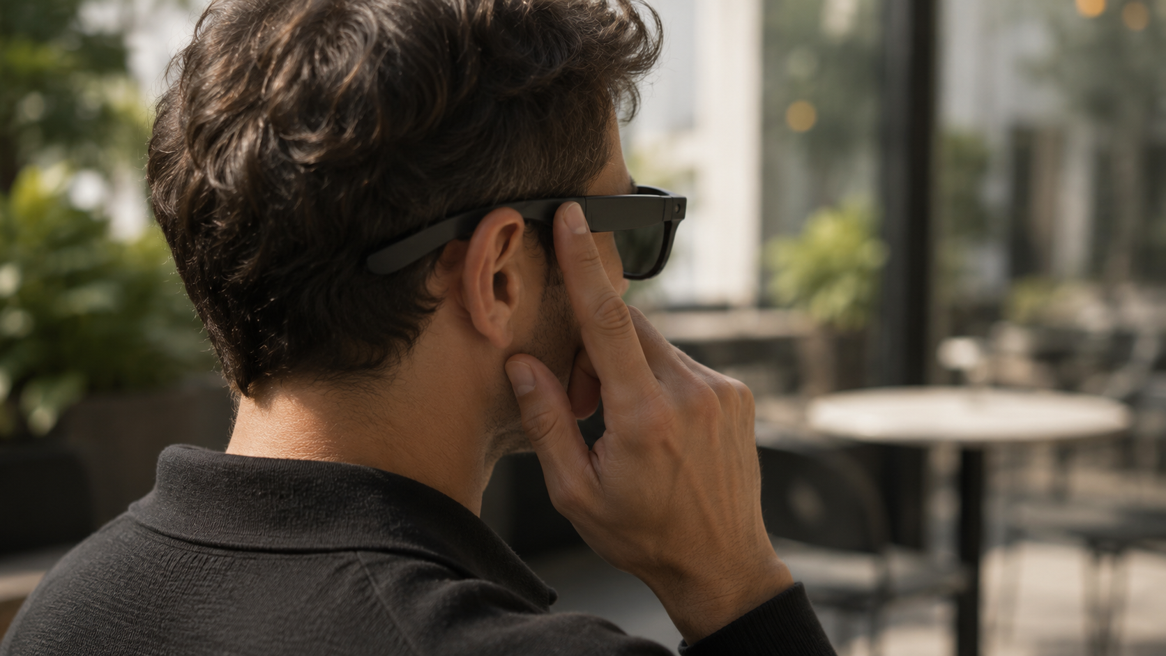 Ray-Ban Metaを装着してテンプル部分をタップしている使用イメージ