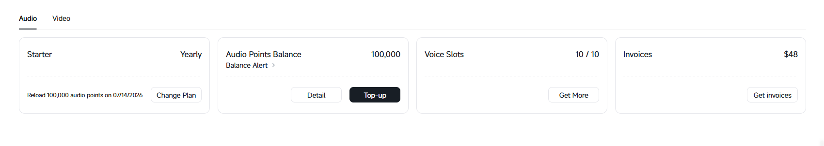 MiniMax SpeechのStarter YearlyプランとAudio Points Balance、Voice Slots、Invoicesの表示画面